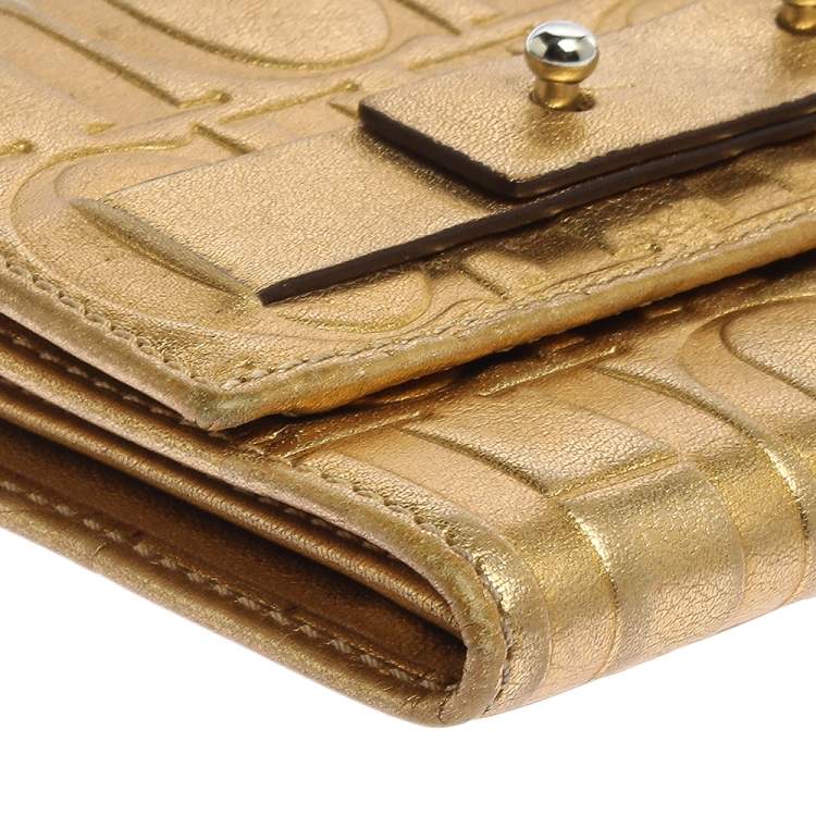 Pre Owned Carolina Herrera Metallic Gold Monogram Leather Trifold Wallet