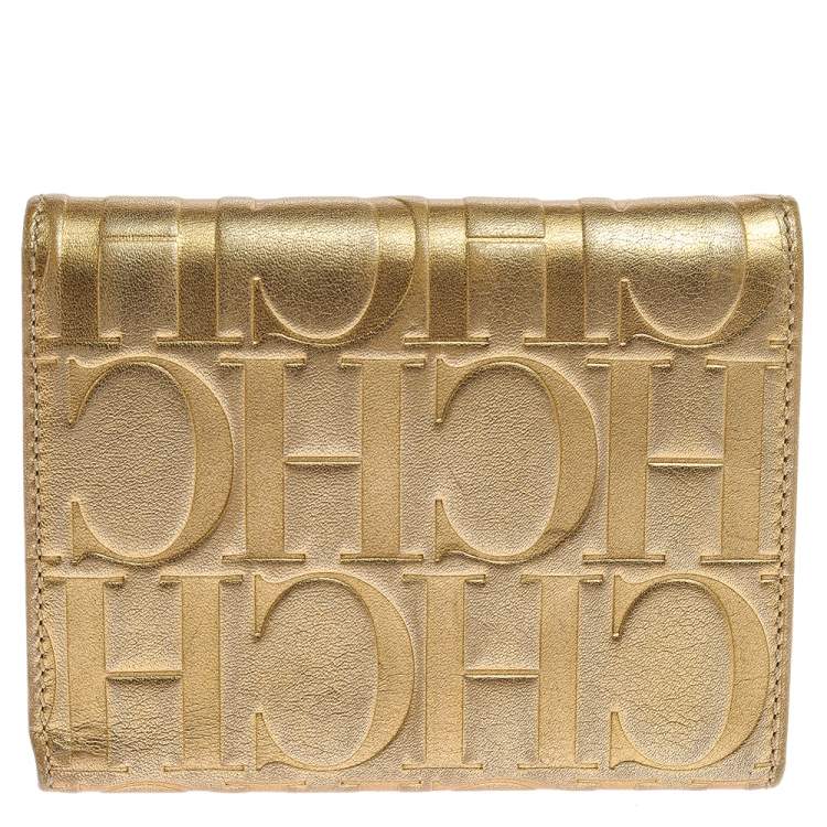 Pre Owned Carolina Herrera Metallic Gold Monogram Leather Trifold Wallet