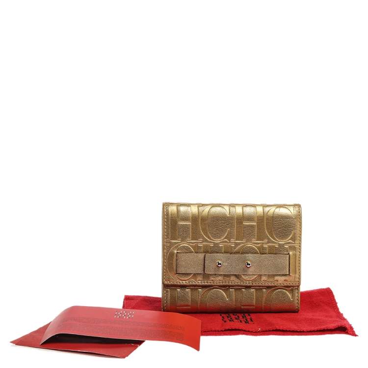Pre Owned Carolina Herrera Metallic Gold Monogram Leather Trifold Wallet