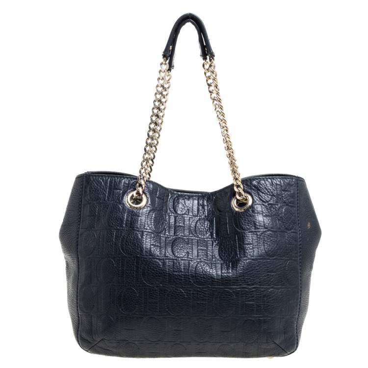 Pre Owned Carolina Herrera Navy Blue Monogram Leather Audrey Tote