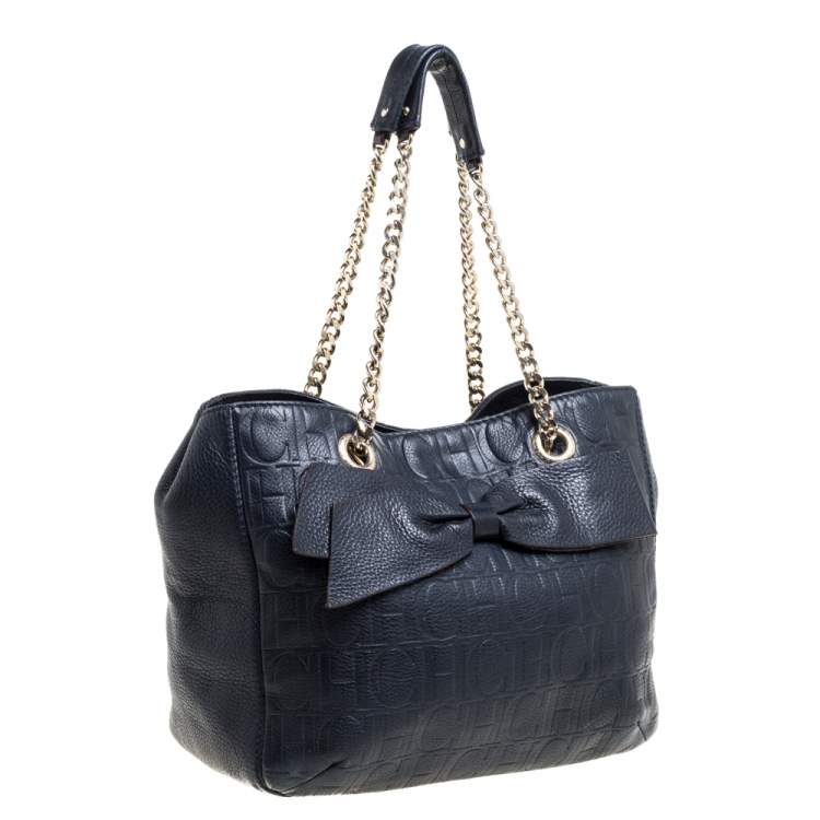 Pre Owned Carolina Herrera Navy Blue Monogram Leather Audrey Tote