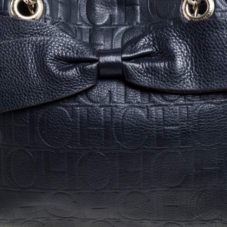 Pre Owned Carolina Herrera Navy Blue Monogram Leather Audrey Tote