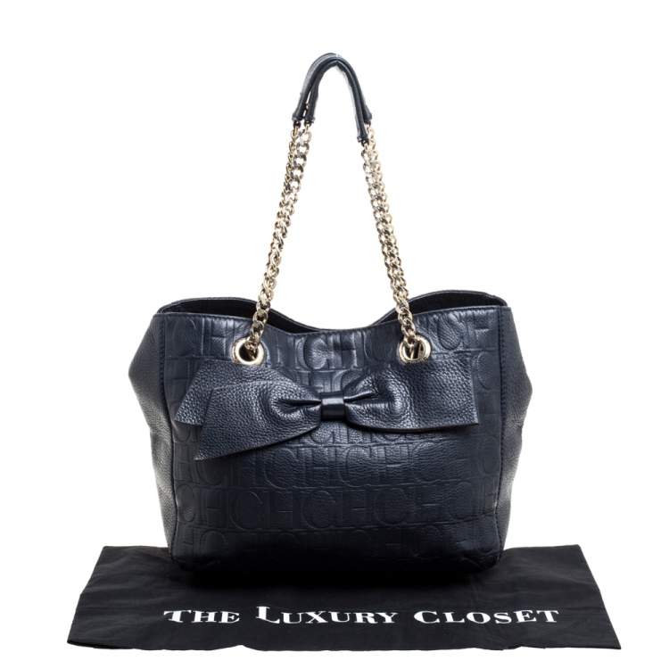 Pre Owned Carolina Herrera Navy Blue Monogram Leather Audrey Tote