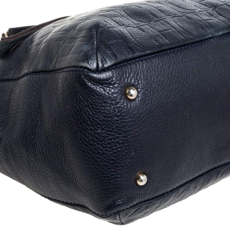 Pre Owned Carolina Herrera Navy Blue Monogram Leather Audrey Tote