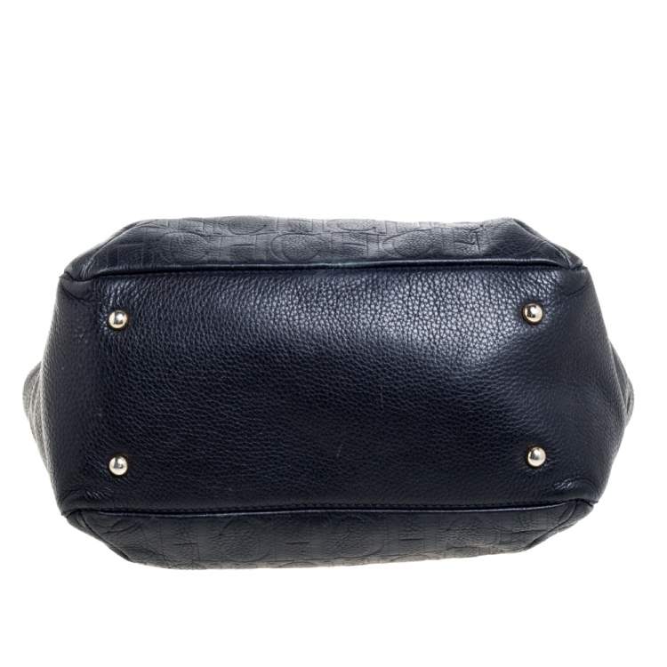 Pre Owned Carolina Herrera Navy Blue Monogram Leather Audrey Tote