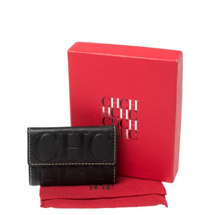 Pre Owned Carolina Herrera Black Monogram Leather Flap Compact Wallet