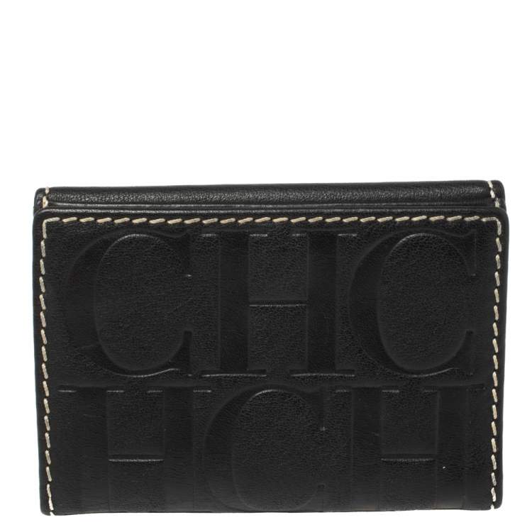 Pre Owned Carolina Herrera Black Monogram Leather Flap Compact Wallet