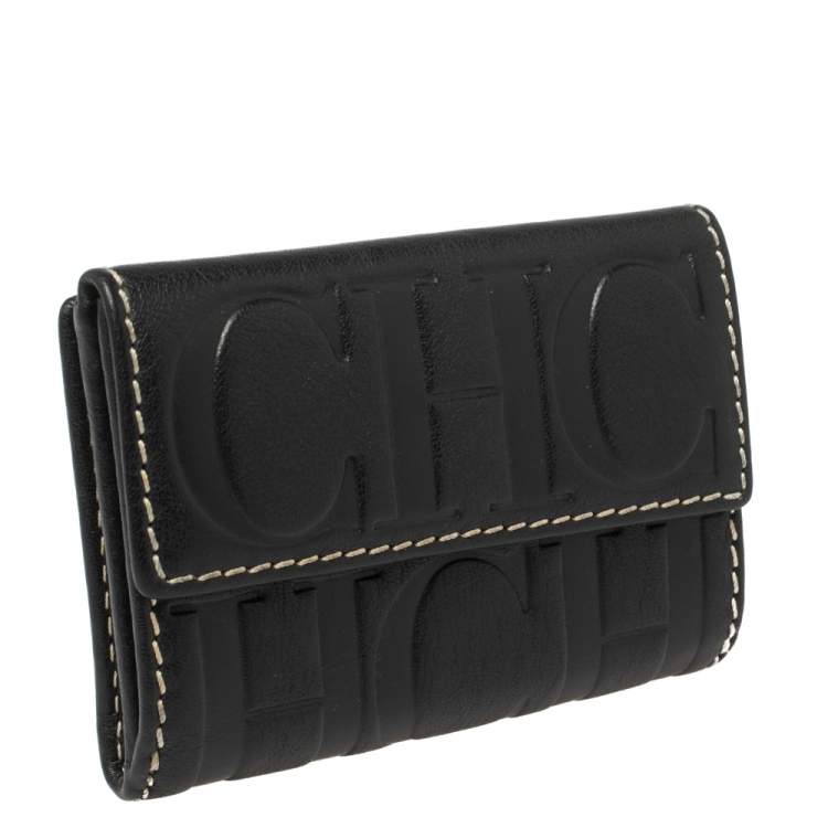 Pre Owned Carolina Herrera Black Monogram Leather Flap Compact Wallet