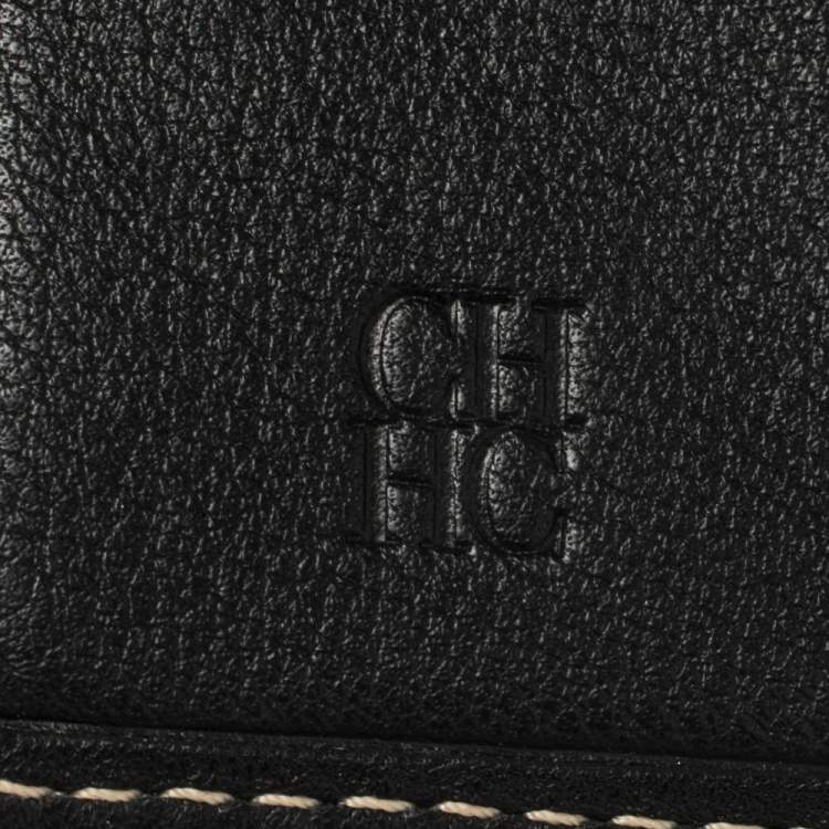 Pre Owned Carolina Herrera Black Monogram Leather Flap Compact Wallet