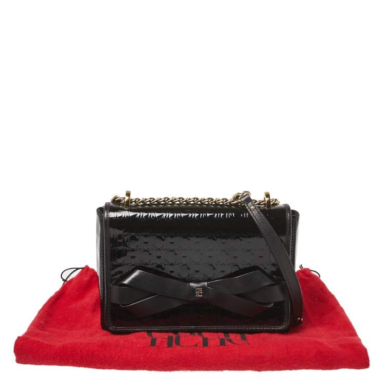مملوكة مسبقًا CH Carolina Herrera Black Patent Leather Monogram Embossed Bow Shoulder Bag