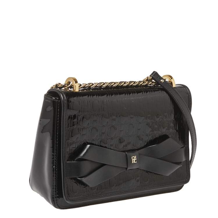 مملوكة مسبقًا CH Carolina Herrera Black Patent Leather Monogram Embossed Bow Shoulder Bag