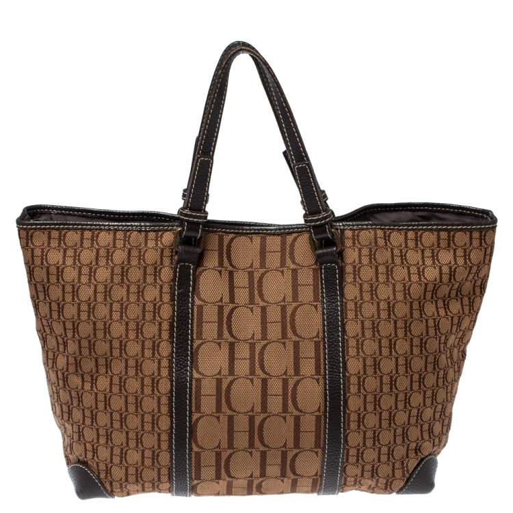 Pre Owned Carolina Herrera Brown Canvas and Leather Monogram Shopper Tote