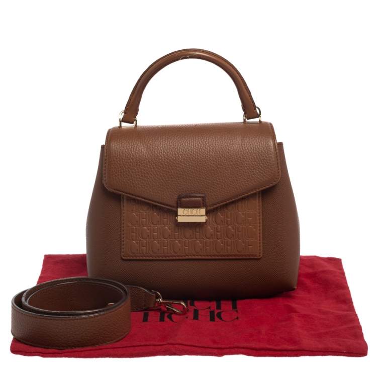 Pre Owned Carolina Herrera Brown Monogram Leather Flap Top Handle Bag