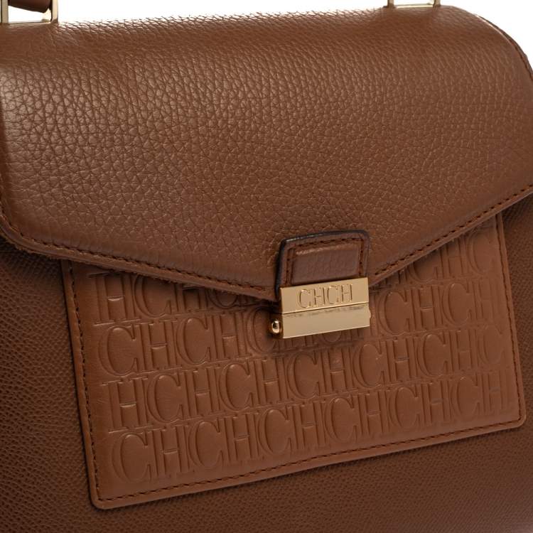 Pre Owned Carolina Herrera Brown Monogram Leather Flap Top Handle Bag