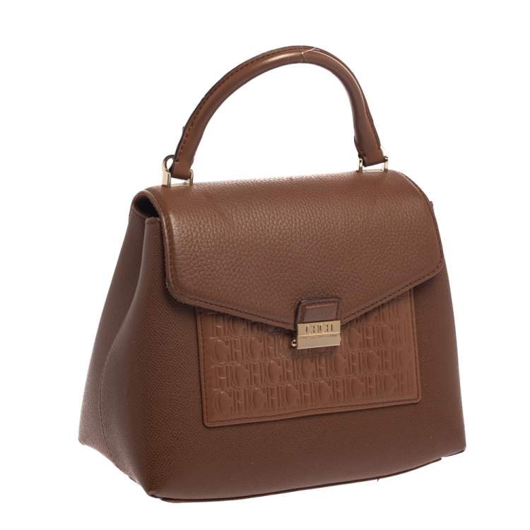 Pre Owned Carolina Herrera Brown Monogram Leather Flap Top Handle Bag