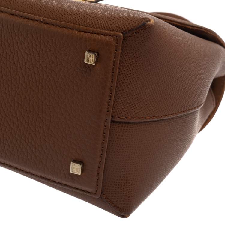 Pre Owned Carolina Herrera Brown Monogram Leather Flap Top Handle Bag