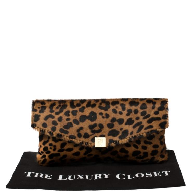 Pre Owned Carolina Herrera Brown Leopard Print Calf Hair Envelope Clutch