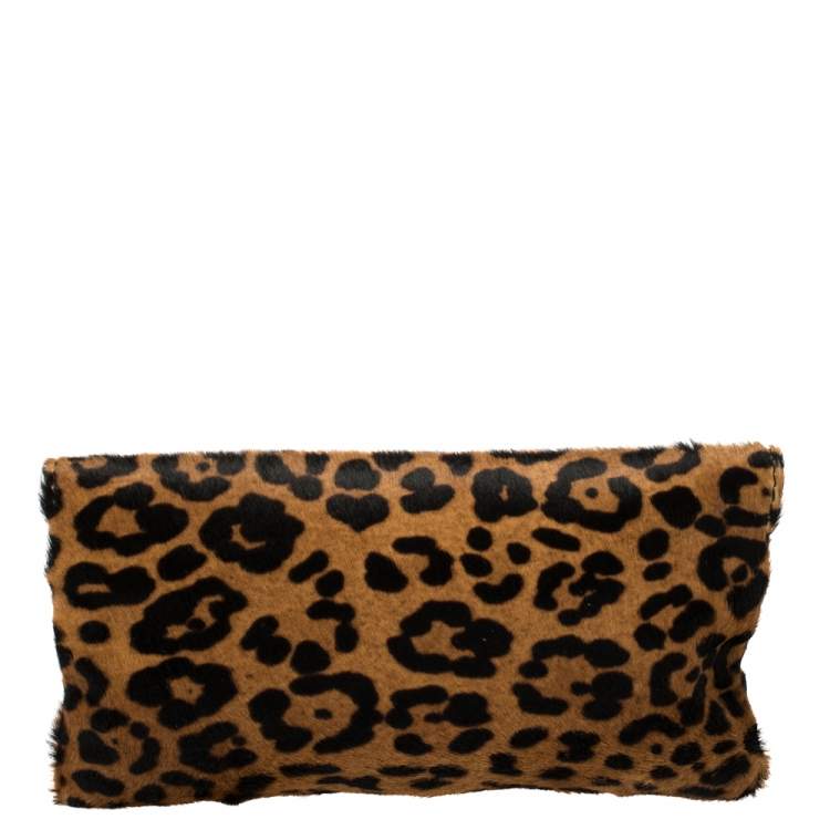 Pre Owned Carolina Herrera Brown Leopard Print Calf Hair Envelope Clutch