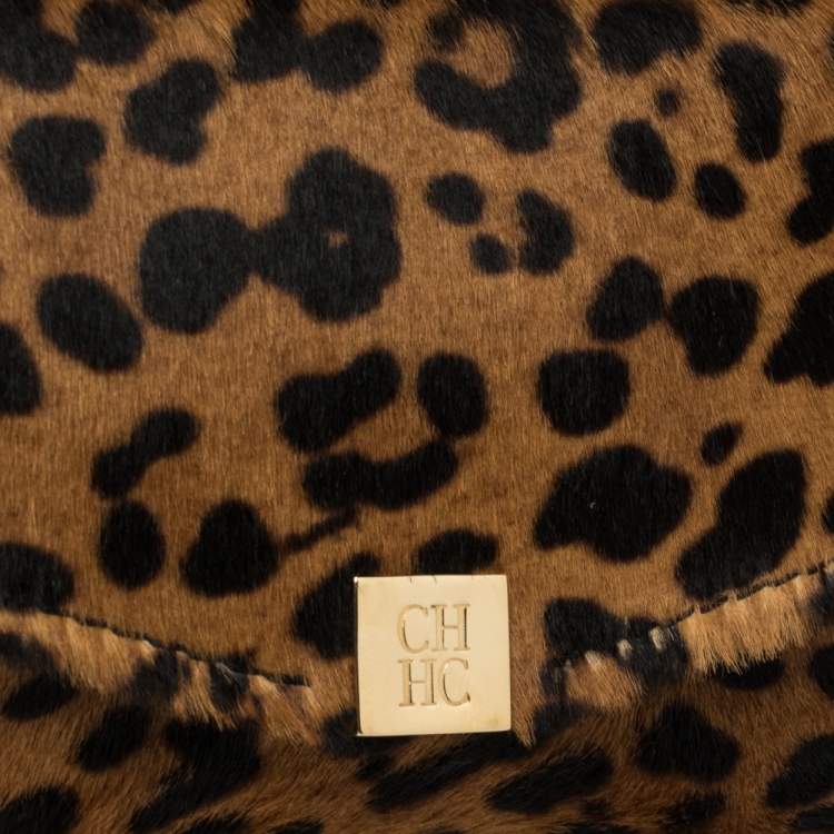 Pre Owned Carolina Herrera Brown Leopard Print Calf Hair Envelope Clutch