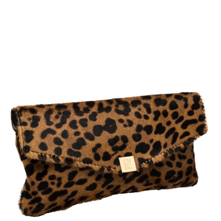 Pre Owned Carolina Herrera Brown Leopard Print Calf Hair Envelope Clutch