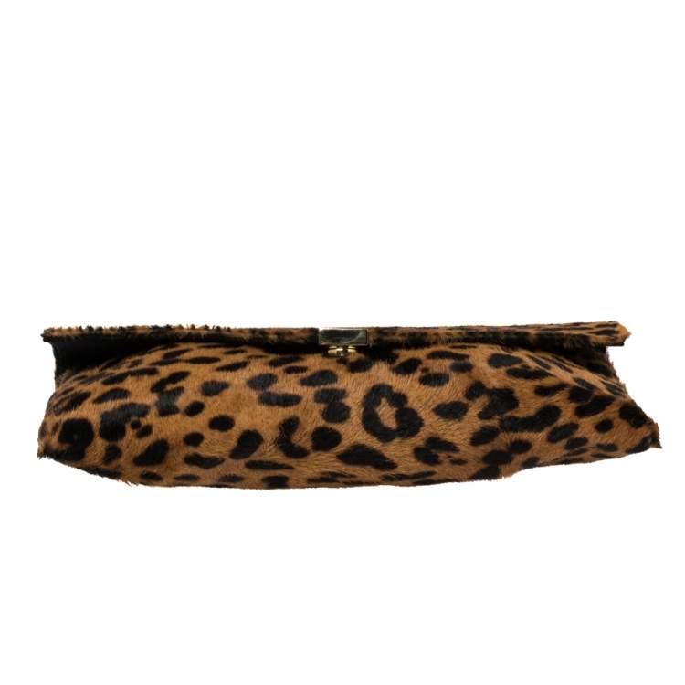Pre Owned Carolina Herrera Brown Leopard Print Calf Hair Envelope Clutch