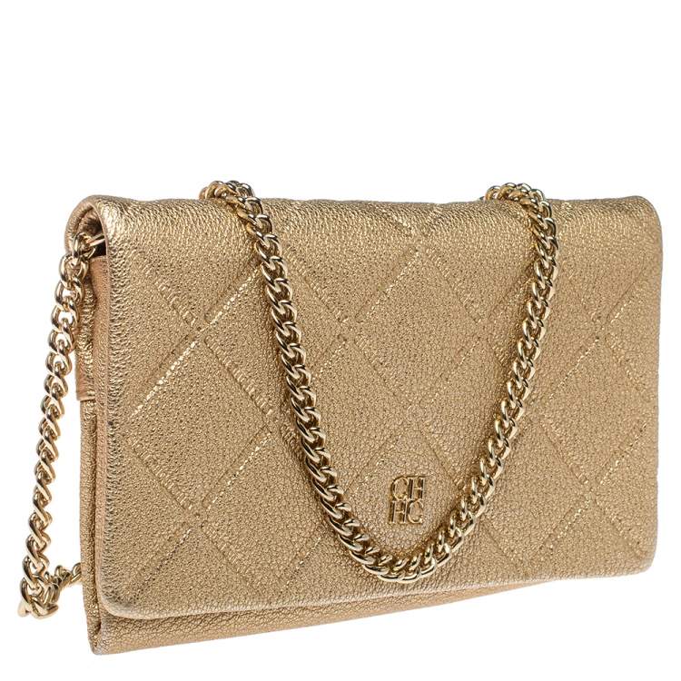 مملوكة مسبقًا Carolina Herrera Metallic Gold Quilted Leather Flap Chain Shoulder Bag