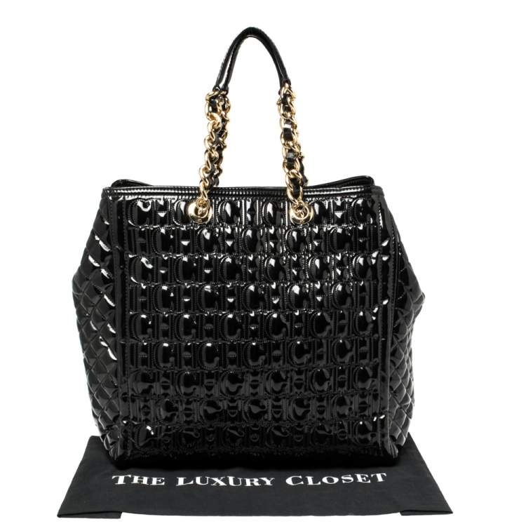 Pre Owned Carolina Herrera Black Embossed Monogram Patent Leather Chain Tote