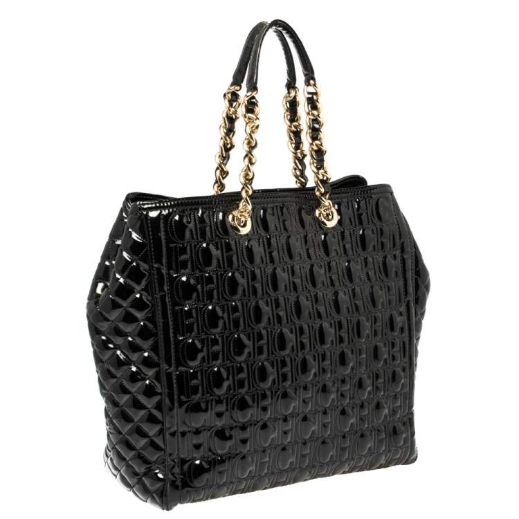 Pre Owned Carolina Herrera Black Embossed Monogram Patent Leather Chain Tote