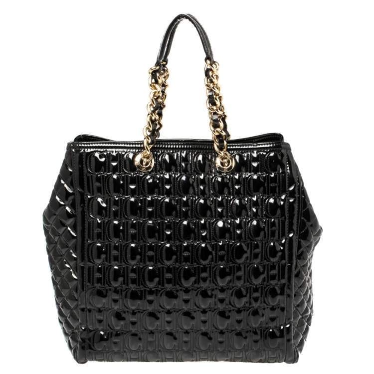 Pre Owned Carolina Herrera Black Embossed Monogram Patent Leather Chain Tote