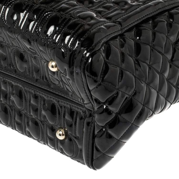 Pre Owned Carolina Herrera Black Embossed Monogram Patent Leather Chain Tote