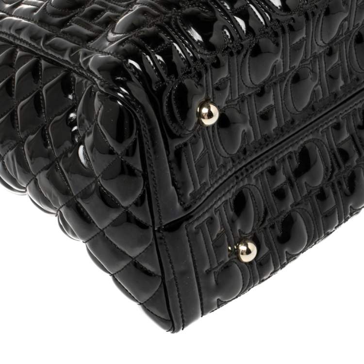 Pre Owned Carolina Herrera Black Embossed Monogram Patent Leather Chain Tote