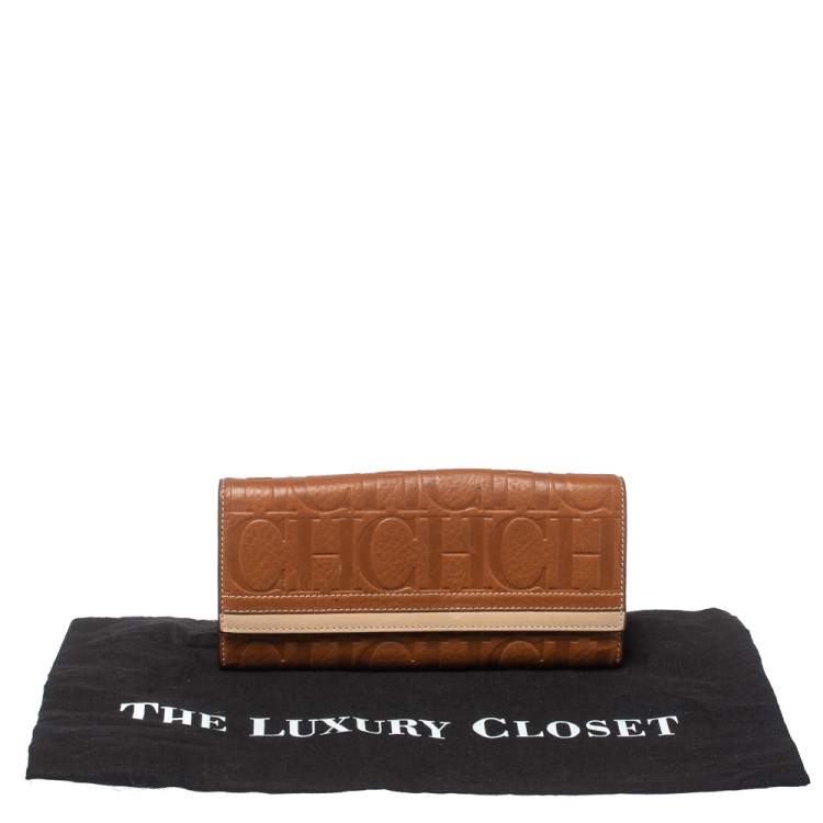 Pre Owned Carolina Herrera Brown/Beige Leather Embossed Flap Wallet