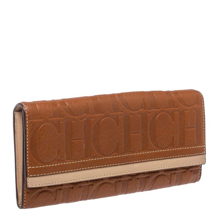 Pre Owned Carolina Herrera Brown/Beige Leather Embossed Flap Wallet