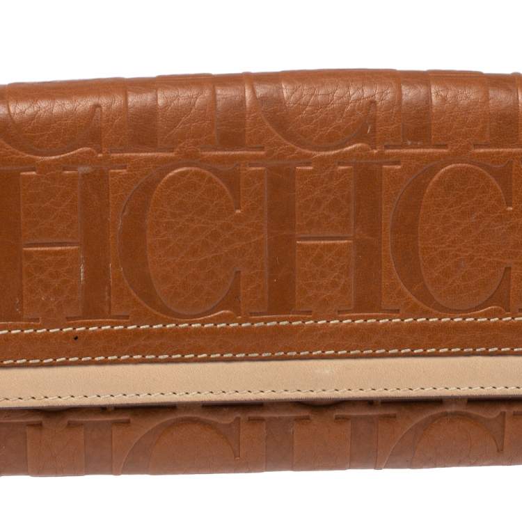 Pre Owned Carolina Herrera Brown/Beige Leather Embossed Flap Wallet
