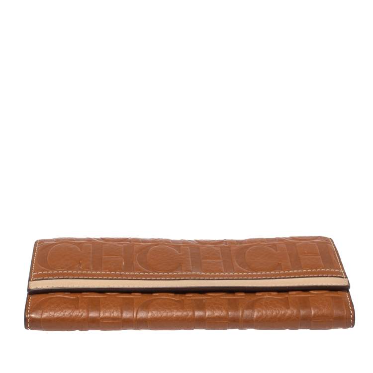 Pre Owned Carolina Herrera Brown/Beige Leather Embossed Flap Wallet