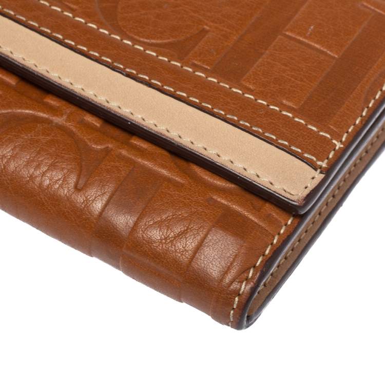 Pre Owned Carolina Herrera Brown/Beige Leather Embossed Flap Wallet