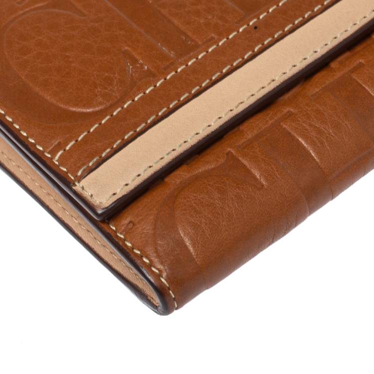 Pre Owned Carolina Herrera Brown/Beige Leather Embossed Flap Wallet