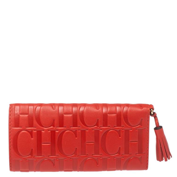 Pre Owned Carolina Herrera Red Monogram Leather American Flap Wallet