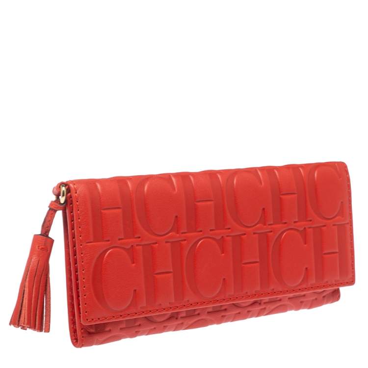 Pre Owned Carolina Herrera Red Monogram Leather American Flap Wallet