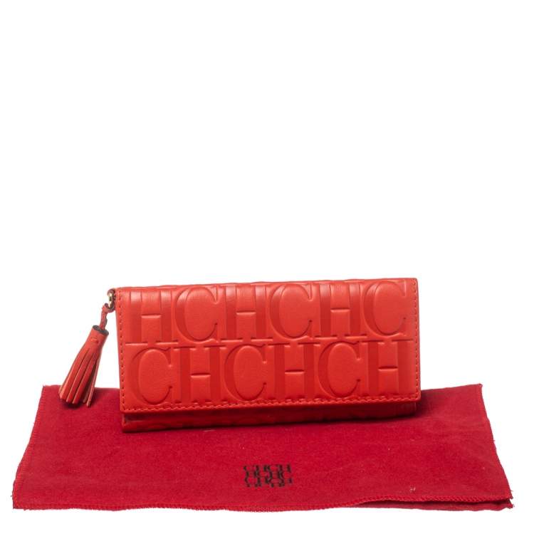 Pre Owned Carolina Herrera Red Monogram Leather American Flap Wallet