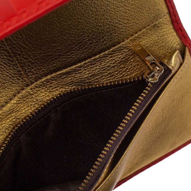 Pre Owned Carolina Herrera Red Monogram Leather American Flap Wallet