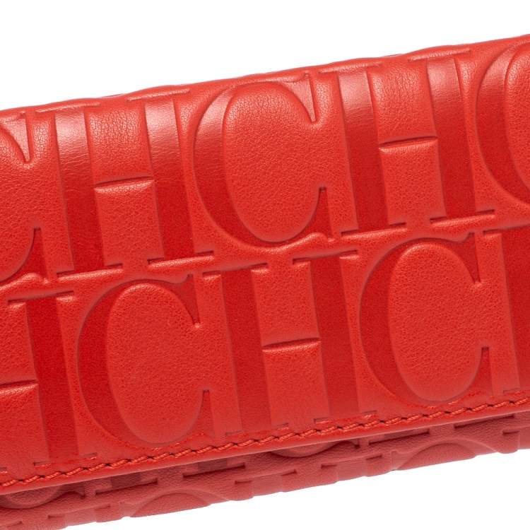 Pre Owned Carolina Herrera Red Monogram Leather American Flap Wallet