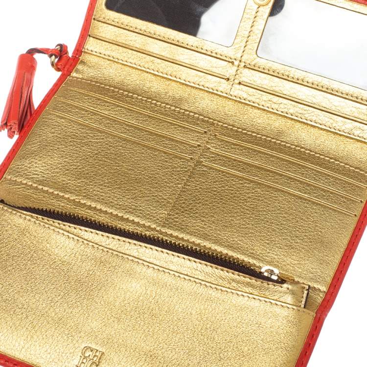 Pre Owned Carolina Herrera Red Monogram Leather American Flap Wallet