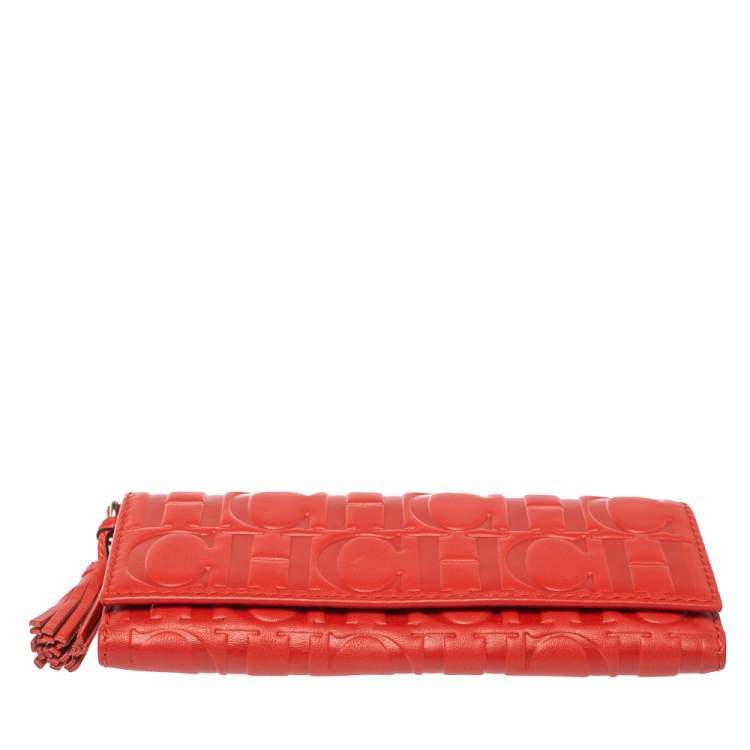 Pre Owned Carolina Herrera Red Monogram Leather American Flap Wallet