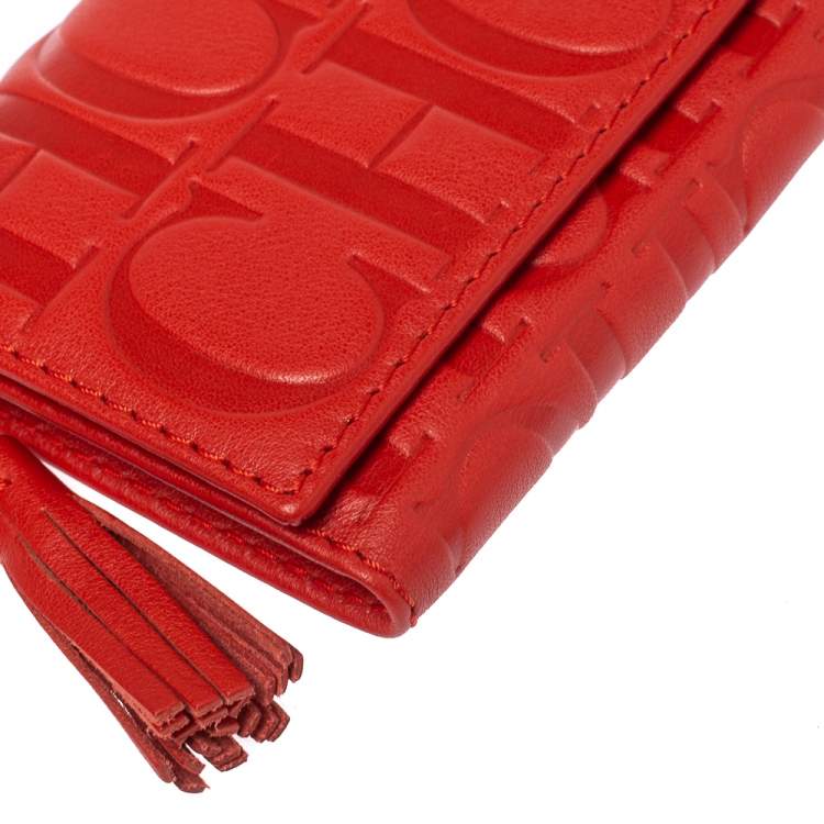 Pre Owned Carolina Herrera Red Monogram Leather American Flap Wallet