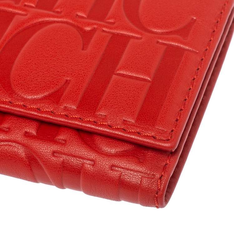 Pre Owned Carolina Herrera Red Monogram Leather American Flap Wallet