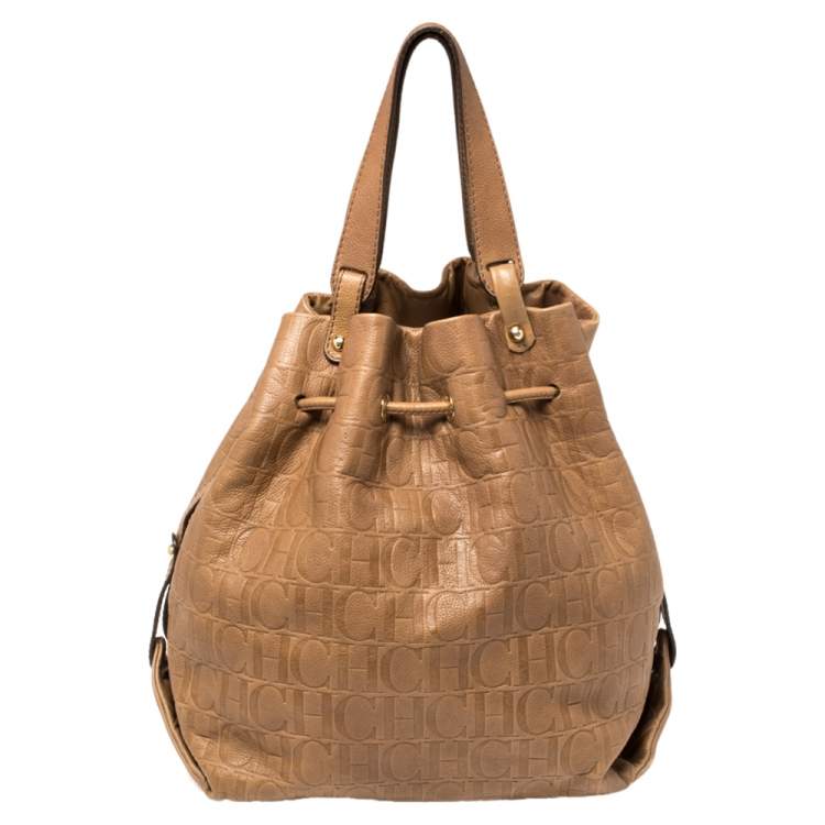 Pre Owned CH Carolina Herrera Brown Monogram Leather Drawstring Hobo