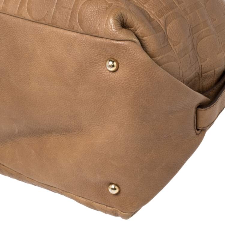 Pre Owned CH Carolina Herrera Brown Monogram Leather Drawstring Hobo
