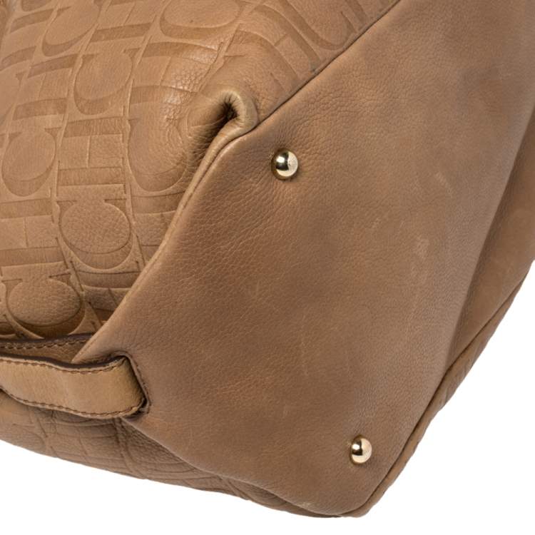 Pre Owned CH Carolina Herrera Brown Monogram Leather Drawstring Hobo