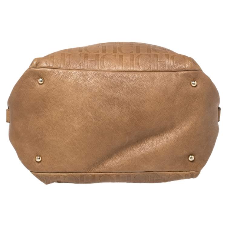 Pre Owned CH Carolina Herrera Brown Monogram Leather Drawstring Hobo